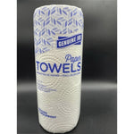 Single Genuine Joe paper towel roll in white embossed paper with blue patterned wrapper and brand logo
