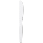 Single white serrated disposable plastic knife photographed upright on a white background, Genuine Joe style