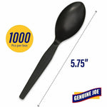 Close-up product graphic of a single black plastic spoon with diagonal measurement arrow, '5.75"' and Genuine Joe logo.