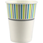 Genuine Joe disposable cold paper cup with blue, green and gray vertical stripe pattern and gray band near the rim