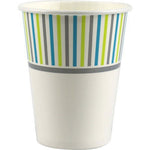 Genuine Joe disposable cold paper cup with blue, green and gray vertical stripe pattern and gray band near the rim
