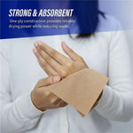 Person drying hands with a brown one-ply paper towel beneath headline reading strong & absorbent