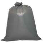 Tied dark gray trash bag filled and standing upright on white background