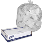 White translucent trash bag filled with crumpled paper next to a Genuine Joe cardboard box labeled 'Can Liners'