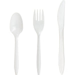 Three white medium-weight plastic utensils - spoon, four-tined fork, and serrated knife - on white background