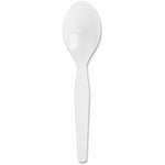 Single white heavyweight disposable plastic spoon photographed on a white background.