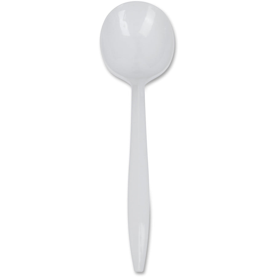 Genuine Joe white medium-weight disposable soup spoon photographed on a plain white background