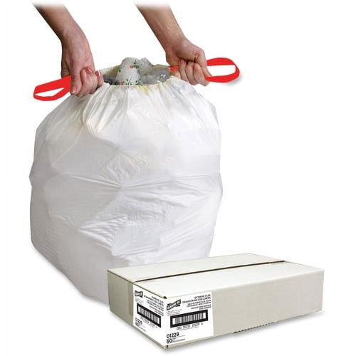 White drawstring trash bag being cinched with red flexible drawstring handle, white product carton in foreground.
