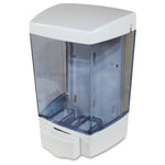 White-top wall-mounted liquid soap dispenser with translucent blue reservoir and front push lever