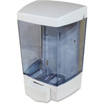 White-top wall-mounted liquid soap dispenser with translucent blue reservoir and front push lever