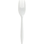 White Genuine Joe medium-weight disposable polypropylene fork on a plain white background