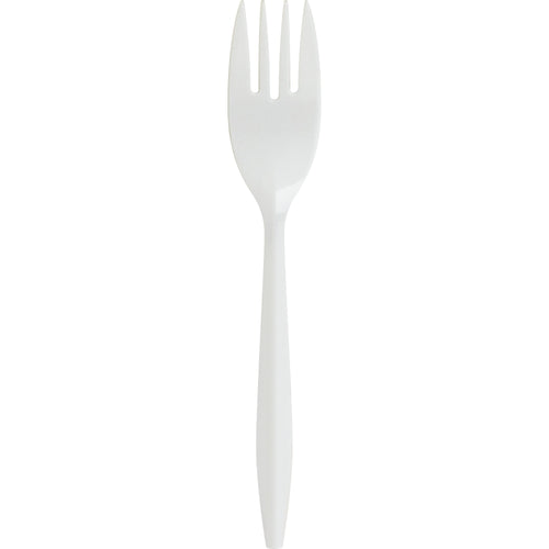 White Genuine Joe medium-weight disposable polypropylene fork on a plain white background