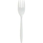 White medium-weight plastic fork, four-tined polypropylene utensil on white background