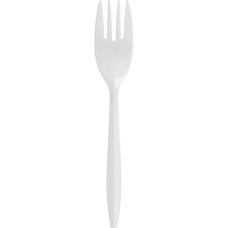 White medium-weight plastic fork, four-tined polypropylene utensil on white background