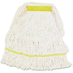 Genuine Joe white narrow-band small mop head showing yellow stitched band and long looped cotton yarn strands