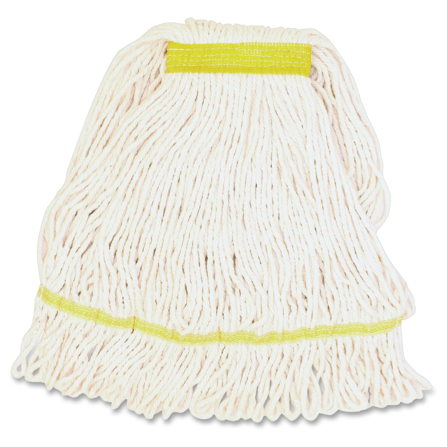 Genuine Joe white narrow-band small mop head with yellow stitched band and looped cotton yarn strands