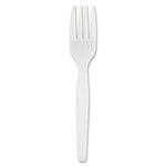 Single white disposable plastic fork photographed on a white background, showing four tines and a tapered handle.