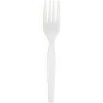 White disposable plastic fork shown upright on a plain white background with visible tines and straight handle.