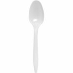 Plain white disposable plastic spoon shown on a white background, oval bowl and straight handle visible