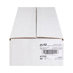 Plain white corrugated product box with shipping label and barcode visible on the front panel, photographed head-on.