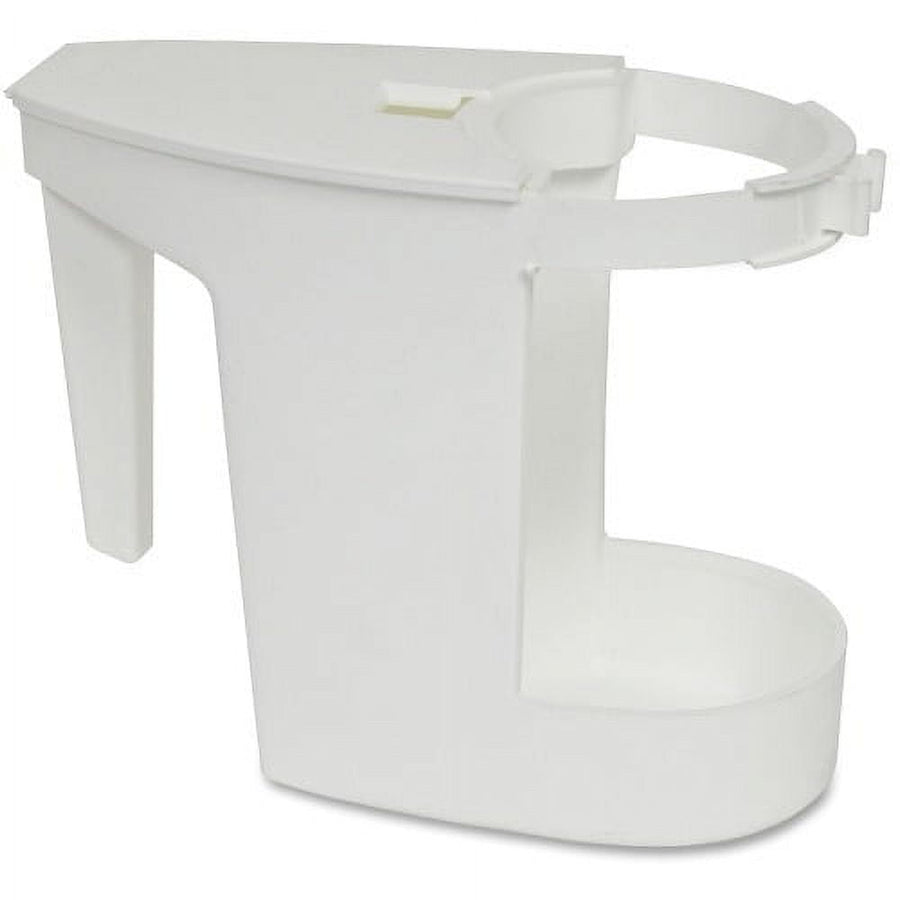 White plastic mop caddy with clamp ring and open basin for holding a toilet-bowl mop and supplies