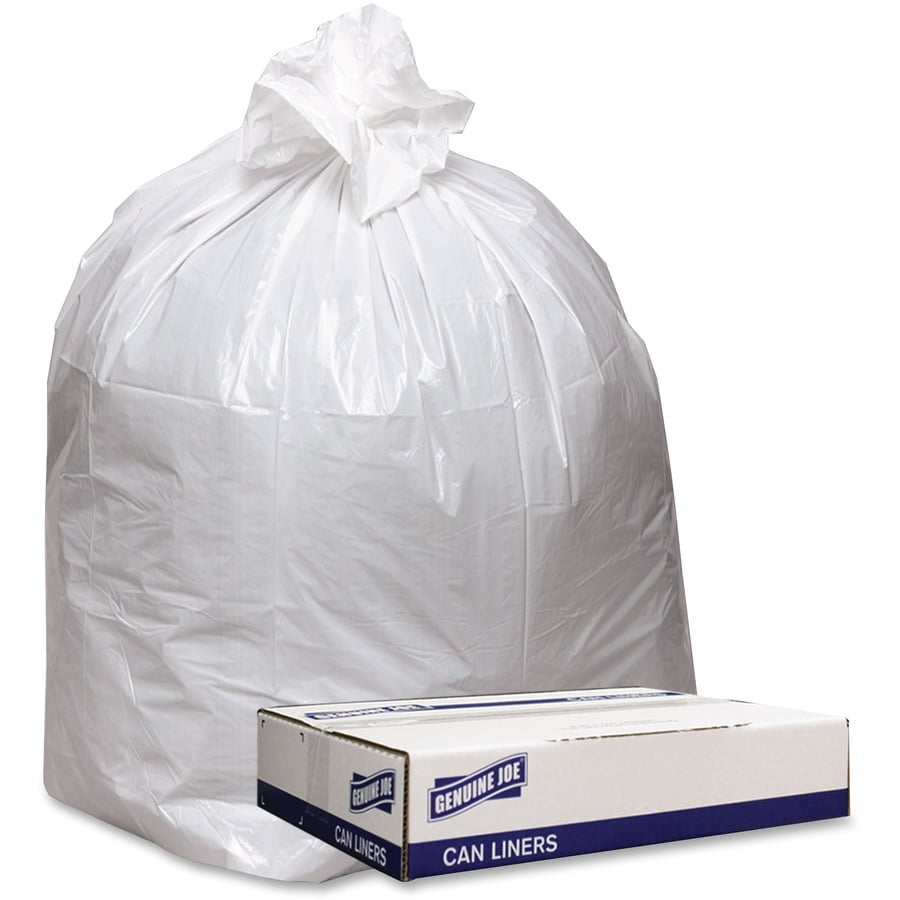 Tied extra-large white trash bag standing behind a Genuine Joe branded box labeled "Can Liners".