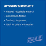 Blue info graphic listing reasons to choose Genuine Joe: natural, embossed, sanitary, ideal for washrooms