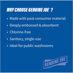 Blue infographic panel titled 'Why choose Genuine Joe?' with bullet points about material, embossing, chlorine-free and sanitary single-use.