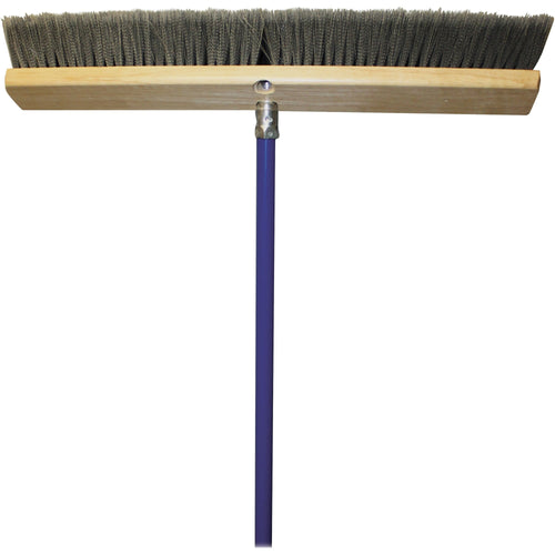 Genuine Joe wide push broom with gray polypropylene bristles, wooden block head and purple metal handle