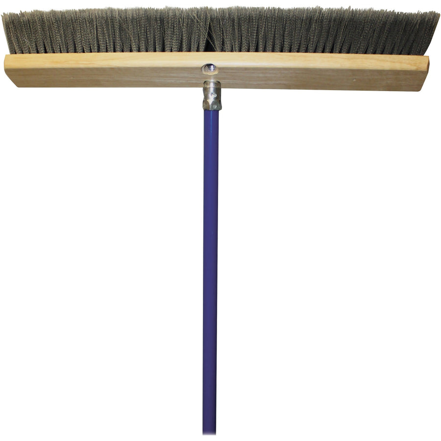 Genuine Joe wide push broom with gray polypropylene bristles, wooden block head and purple metal handle