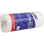 Single Genuine Joe paper towel roll wrapped in branded blue and red packaging shown on its side