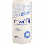Upright wrapped Genuine Joe paper towel roll with blue patterned top band and label reading 'Paper Towels' on a white background.