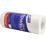 Genuine Joe paper towel roll in blue and red branded wrapper lying on its side on a white background