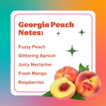 Graphic card listing scent notes for Georgia Peach with peaches and a colorful gradient background
