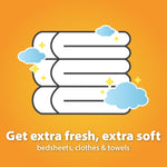 Illustration of folded linens with clouds and sparkles and the message ‘Get extra fresh, extra soft’ on orange background