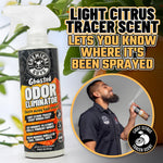 Lifestyle graphic of Chemical Guys Ghosted Odor Eliminator bottle with inset photo of a man spraying and bold text about light citrus tracer scent