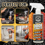 Promotional layout showing Chemical Guys Ghosted Odor Eliminator bottle and four small use-case photos labeled car, garage, bathroom, home