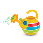 Yellow bug-shaped watering can shown with illustrated green water spray coming from flower spout on white background