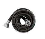Coiled black textured garden hose with teal stripe and metal fittings shown from an angle on white background