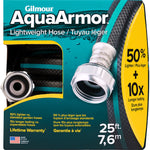 Product packaging front showing Gilmour AquaArmor branding, peek window with coiled hose and bold claims on yellow panel