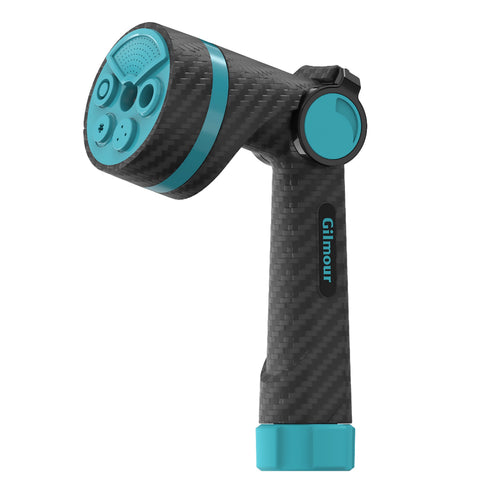 Close-up of a black carbon-finish Gilmour garden hose nozzle with turquoise accents and swivel connector.