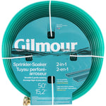 Top-down view of coiled green hose with teal Gilmour label reading 'Sprinkler-Soaker' and 2-in-1 messaging