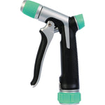 Close-up of a Gilmour heavy-duty front trigger hose nozzle with black body and green accents on white background