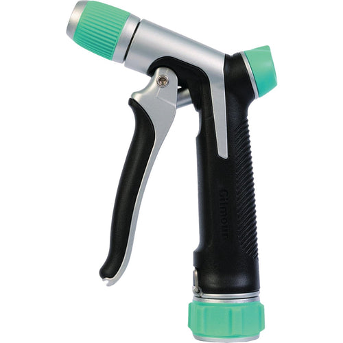 Close-up of a Gilmour heavy-duty front trigger hose nozzle with black body and green accents on white background