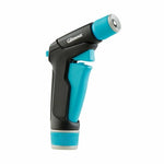 Side view of a Gilmour front trigger hose nozzle in black with bright teal trigger and grip accents on white