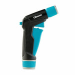 Gilmour branded front-trigger hose nozzle in black with teal trigger and ribbed connector shown upright