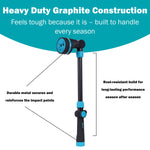 Product feature graphic showing Gilmour watering wand with callouts about heavy-duty graphite construction