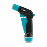 Profile of a Gilmour pistol-style hose nozzle showing teal trigger, textured grip and adjustable tip