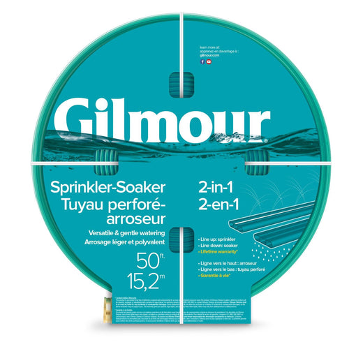 Circular teal Gilmour branded cardboard label showing 'Sprinkler-Soaker' and 50 ft size on coiled hose