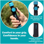 Lifestyle and detail montage showing a hand gripping the Gilmour wand and close-ups of thumb control and handle